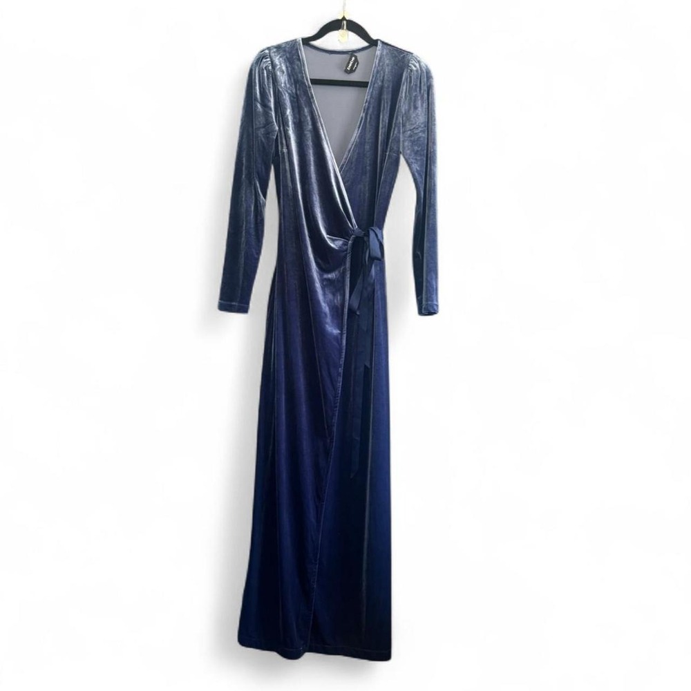 Bebe Velvet Wrap Maxi Dress Women's Size XS Blue Long Sleeve Glamorous Diva